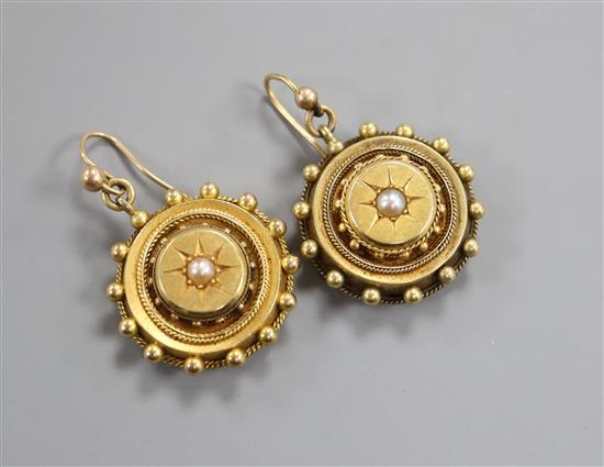 A pair of Victorian yellow metal and split pearl set target earrings, with beaded borders, diameter 22mm.